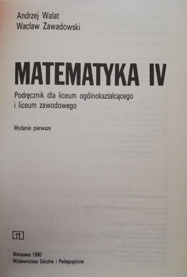 książka "Matematyka IV" LO i LZ A. Walat, W. Zawadowski