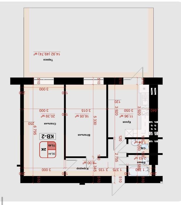 Останні квартири з терасою| 2х кімнатна |