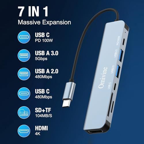 USB C Hub 7 w 1 z 100 W PD 4K HDMI USB-C 2 porty USB-A karty SD i TF