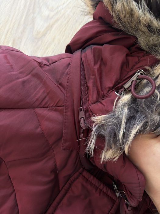 Kurtka puchowa zimowa bordowa burgundowa z kapturem płaszcz zimowy