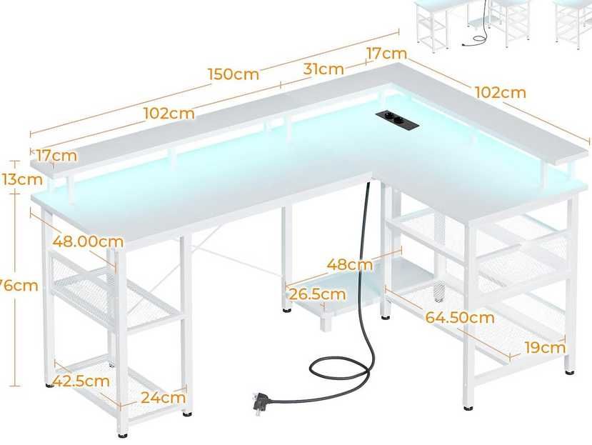 Mesa de gaming de canto [2 tamanhos] USB, tomadas e armazenamento NOVO