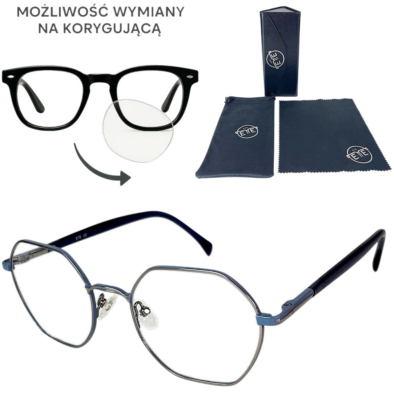 Okulary oprawki zerówki do wymiany na korygujące+ zestaw z etui