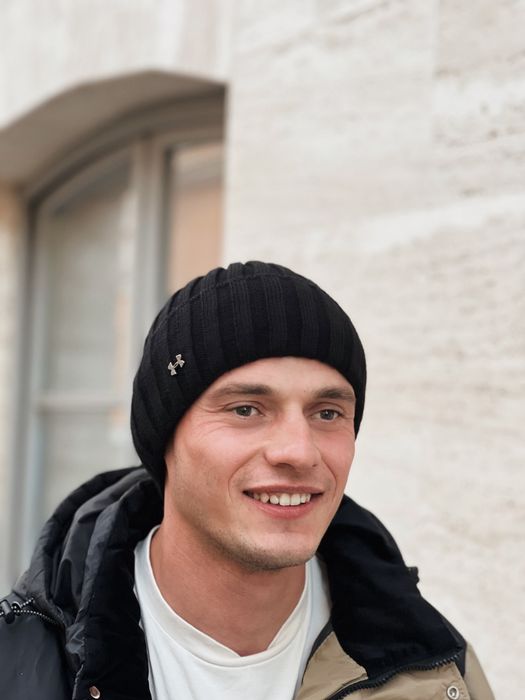 Мужская шапка Under Armour на флисе черная серая зимняя с отворотом