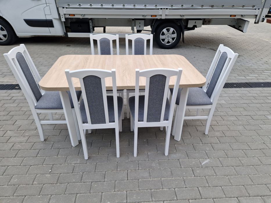 Nowe: Stół 80x140/180 + 6 krzeseł, biały/sonoma + szary, transPL