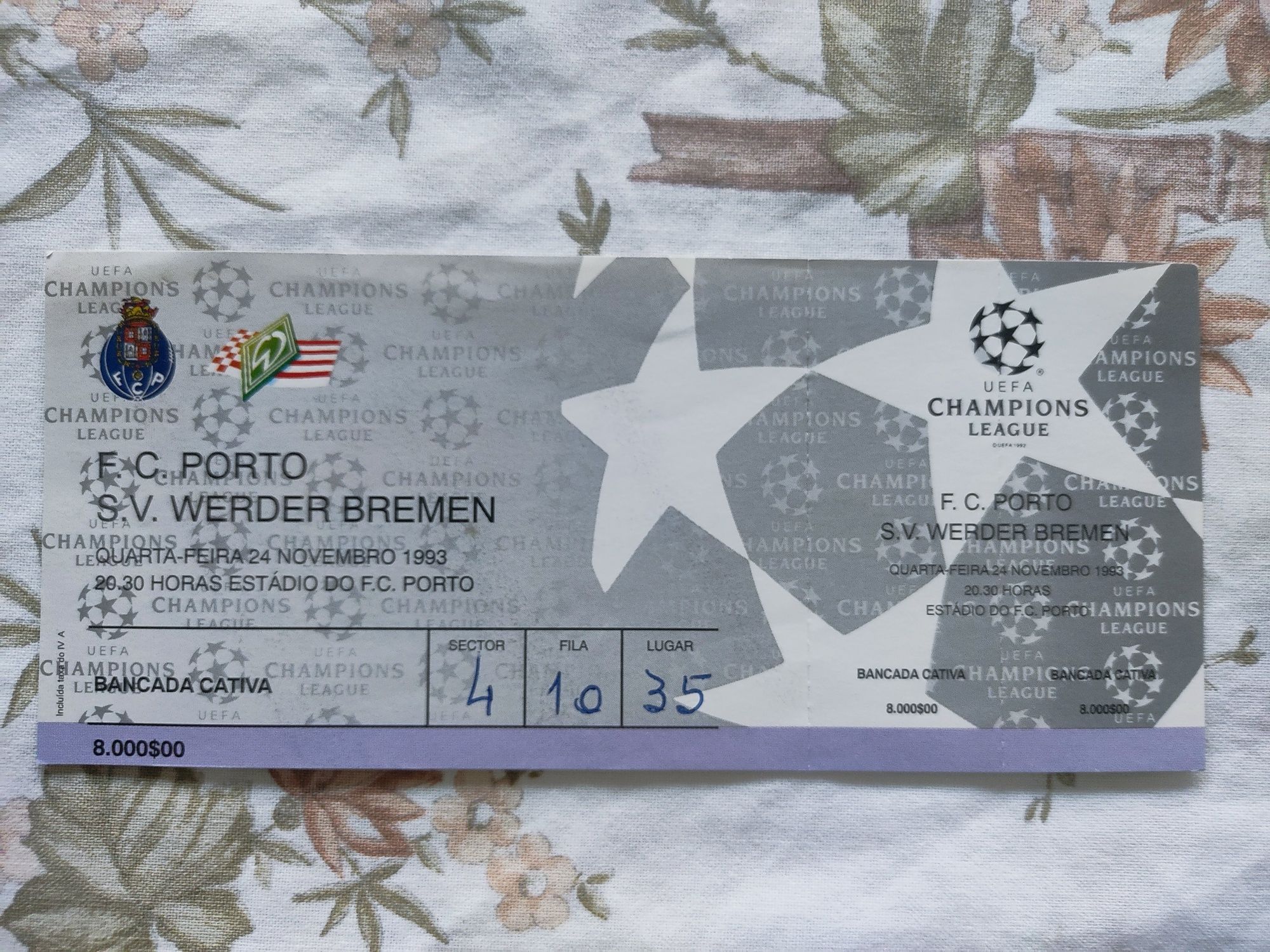 Bilhete FC Porto Werder Bremen 1993 liga dos campeões