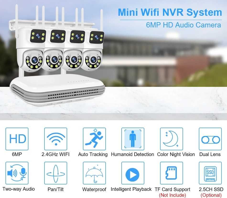 Kit CCTV câmaras rotativas 2 lentes videovigilância 8CH 4 câmaras WiFi