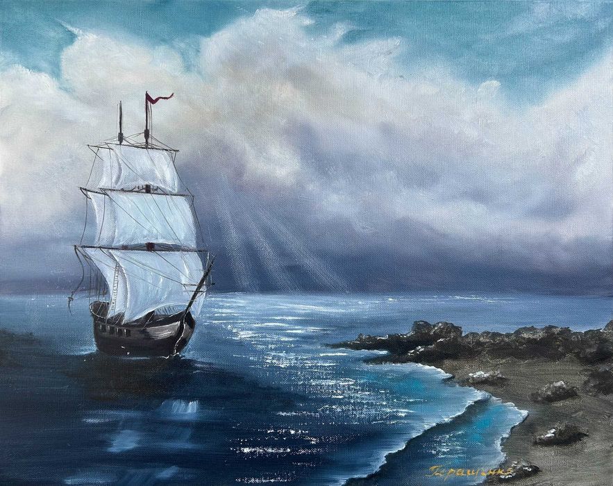 Картина  Морской Пейзаж Море Небо Корабль Холст Масло 40/50