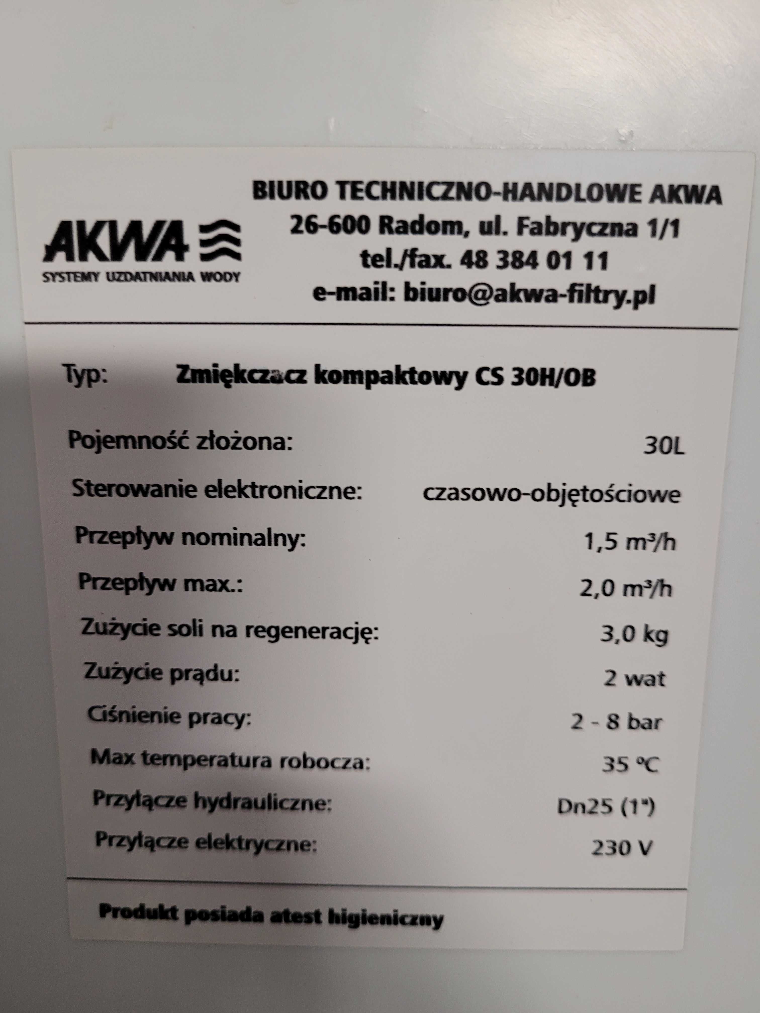 zmiękczacz wody akwa CS 30H/OB