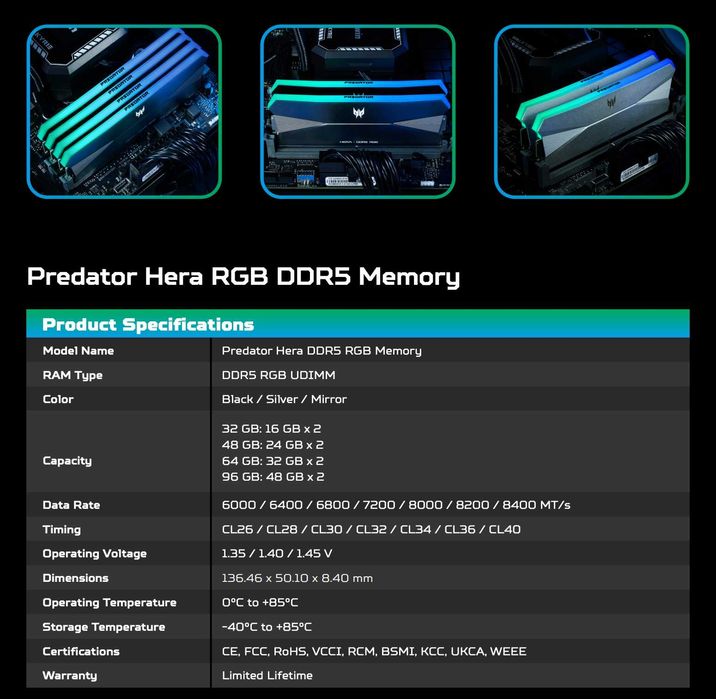 Оперативная память Predator Hera DDR5 RGB 32GB 8000MHz  1 шт. NEW!