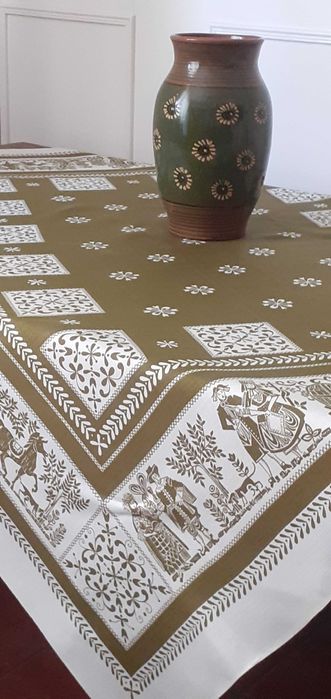 Obrus gruby lniany wzory etno folk biały i ciemna zieleń
