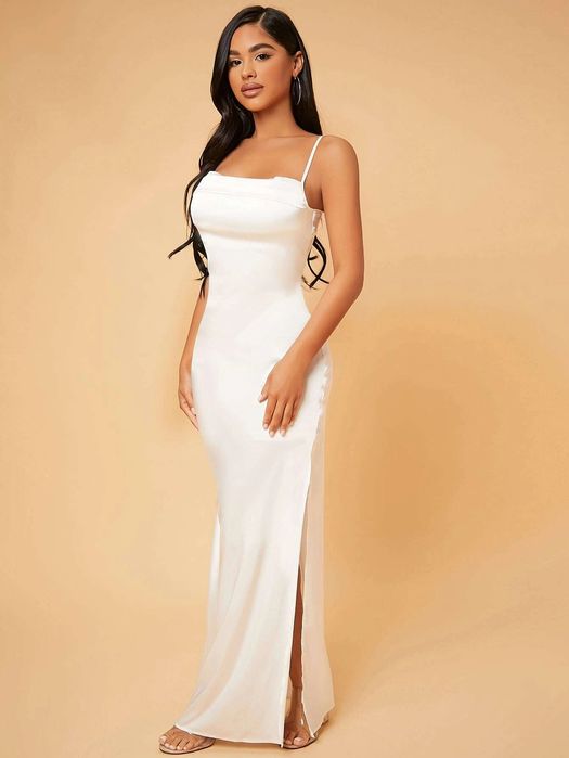 Sukienka Maxi Satynowa Z Rozcięciem Biała Xl 42