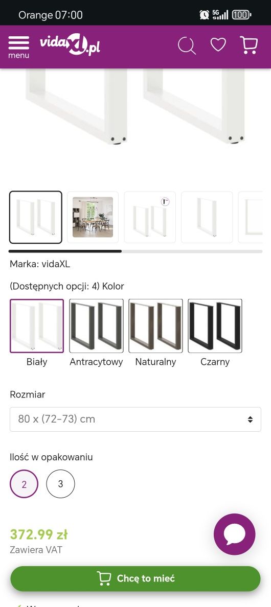 NOWE Nogi do stołu jadalnego w kształcie litery U 2 szt. Białe 80x(72-