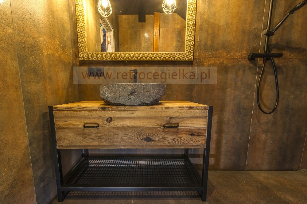 Szafka łazienkowa, stare drewno sosnowe + stalowa rama, duża szuflada