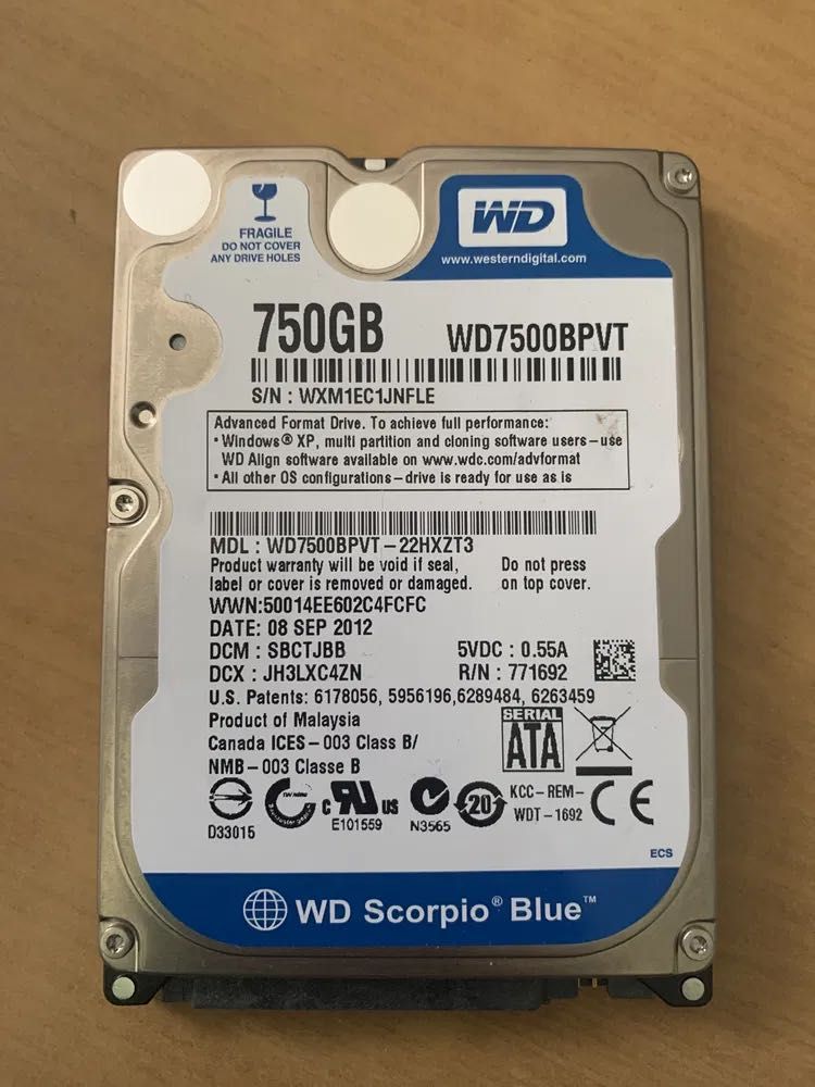 HDD 2.5, 750GB, 7200rpm, WD Scorpio Blue.
