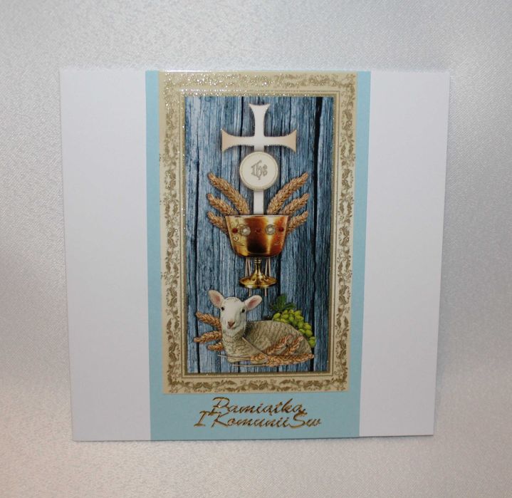 Kartka Pierwsza Komunia Święta niebieska kielich kłosy baranek