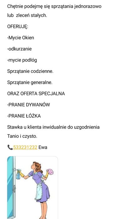 Sprzątanie Mieszkań  biur chętnie podejmę współpracę