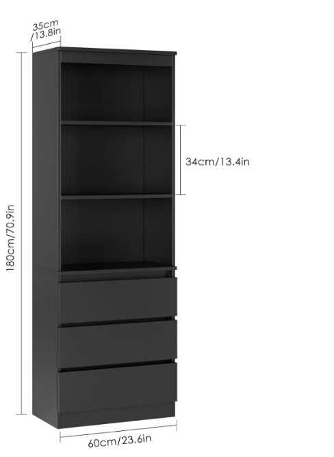 Regał na książki z 3 szufladami, 3 półki, komoda. witryna 180 cm