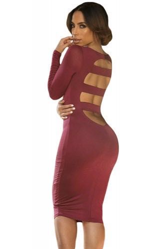 Sukienka midi czerwone wino paski na plecach długi rekaw