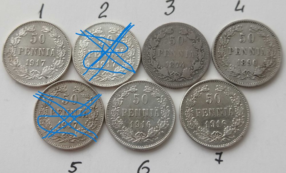 Монети Фінляндії : 50 пенні 1874, 1890, 1916, 1917. Срібло 0,750/2,55