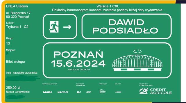 Bilety Dawid Podsiadło Poznań 15.06.2024