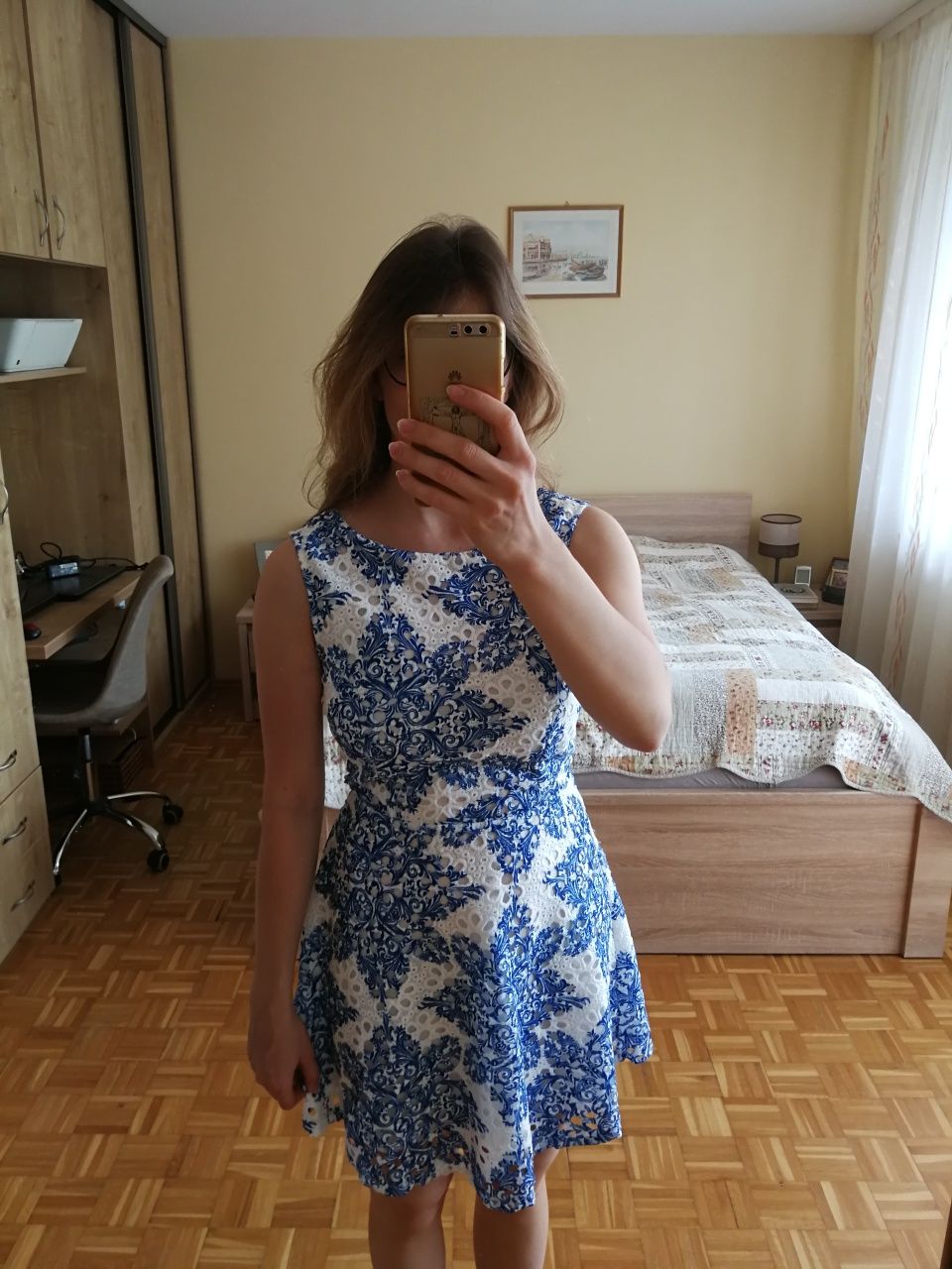 Sukienka niebieska biała grecka S rozkloszowana