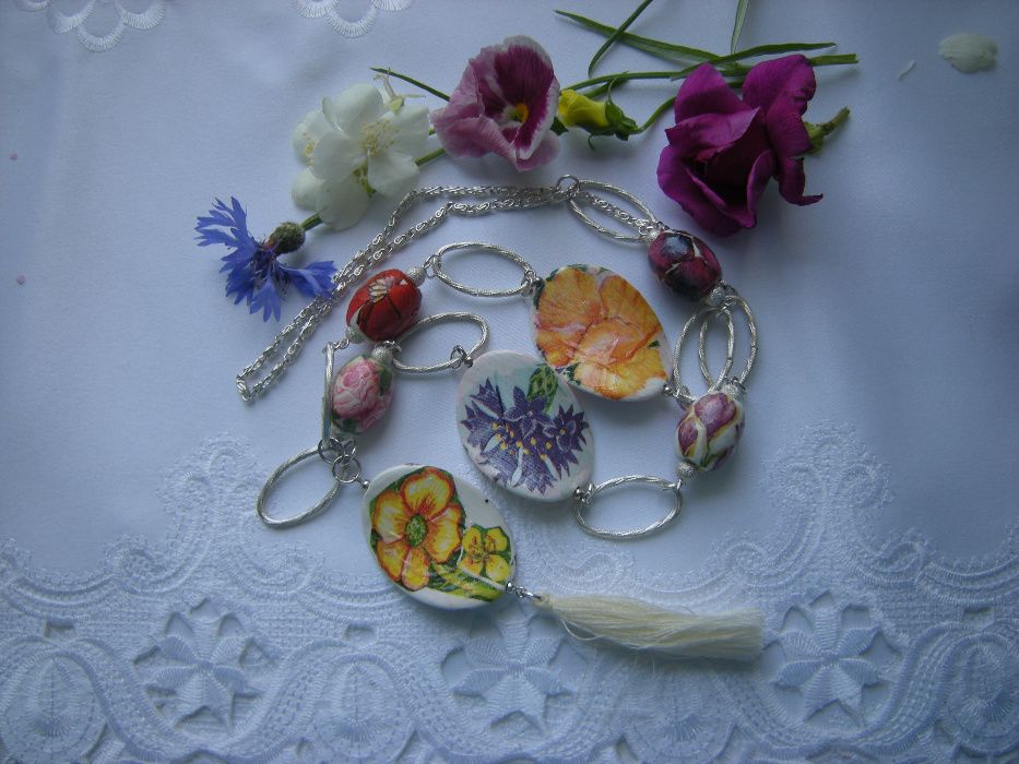 kolorowy naszyjnik 96cm kwiaty ważka chwost decoupage