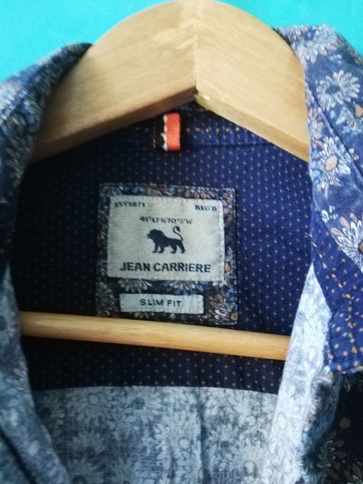 Granatowa koszula męska w kwiaty S Jean Carriere slim fit jesienne kwi
