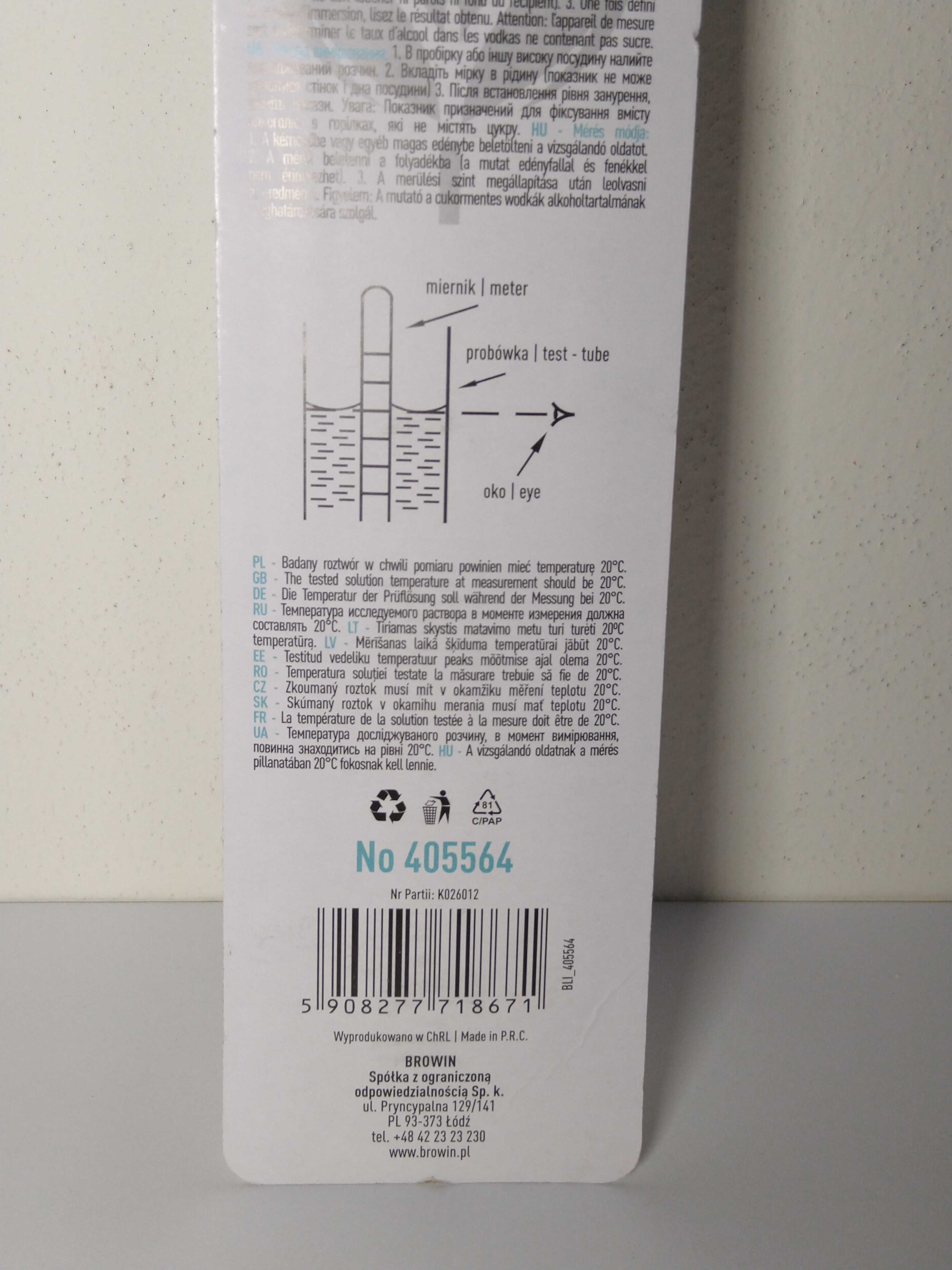 Alkoholomierz w plastikowej probówce - BROWIN 405564