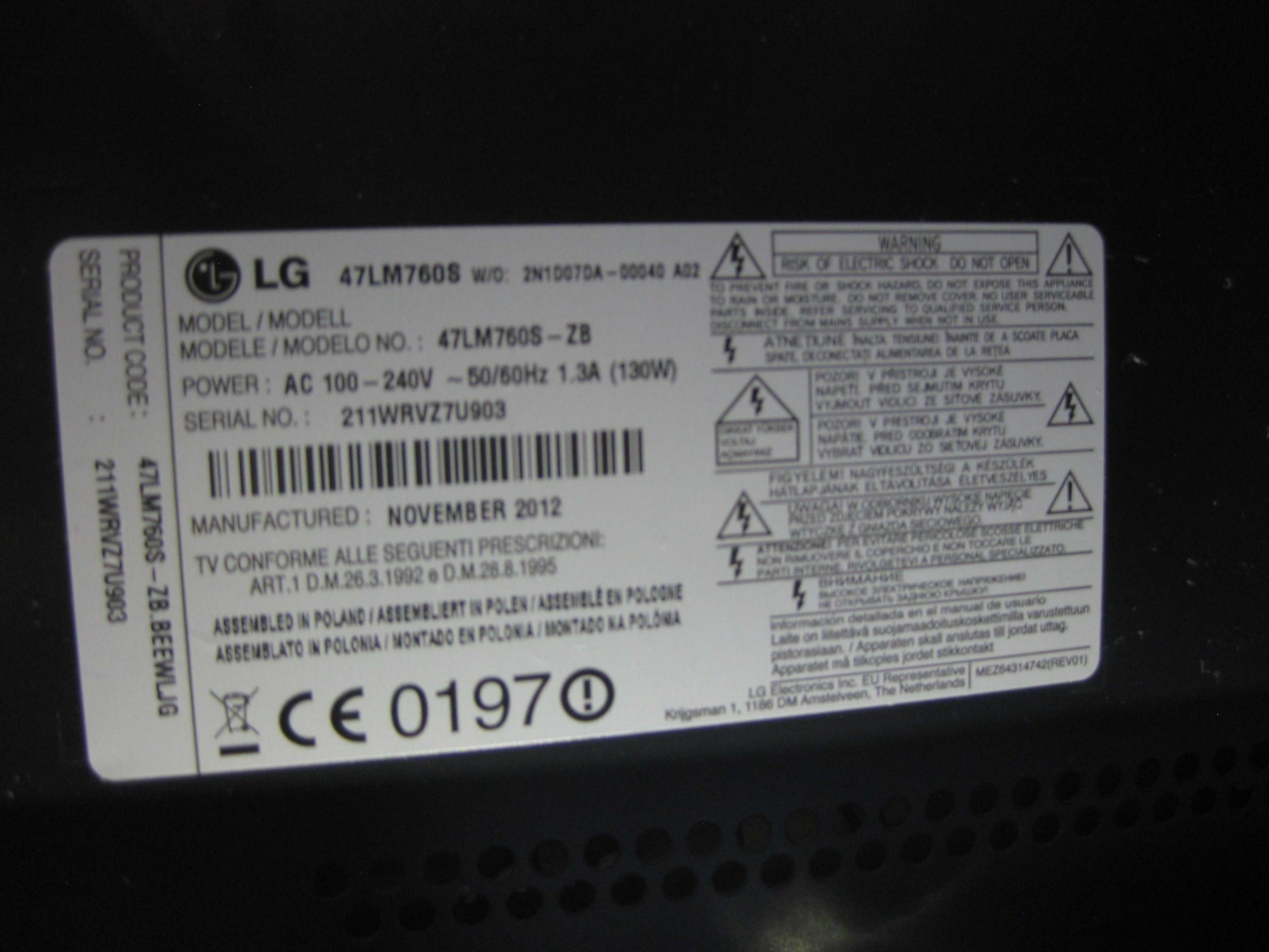 Telewizor LG 47 cali uszkodzony  LG47lm760s