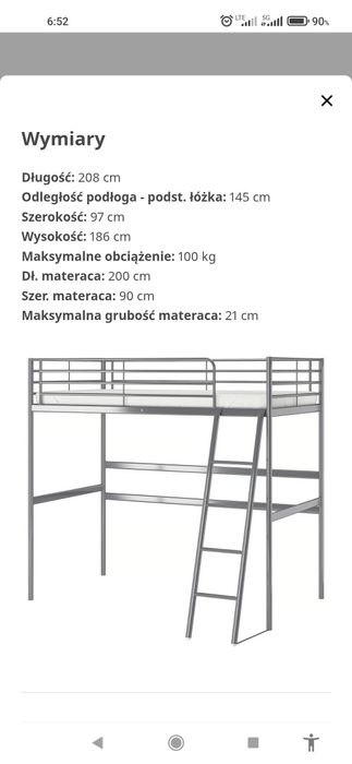 Nowa niższa cena.
SVÄRTA
Rama łóżka na antresoli, srebrny, 90x200 cm
M