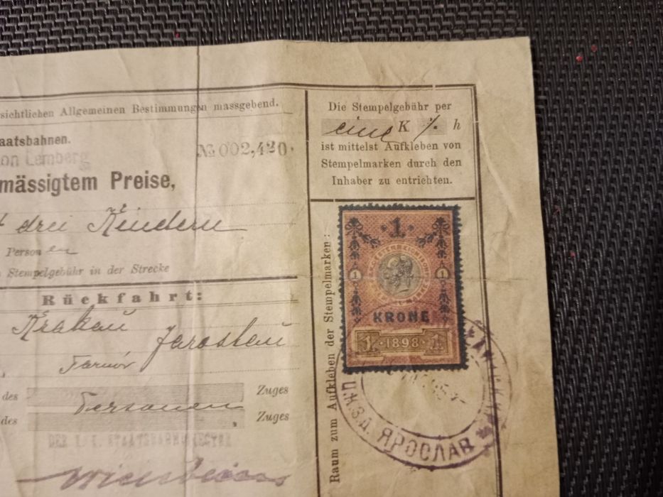 Bilet kolejowy z 1905r.