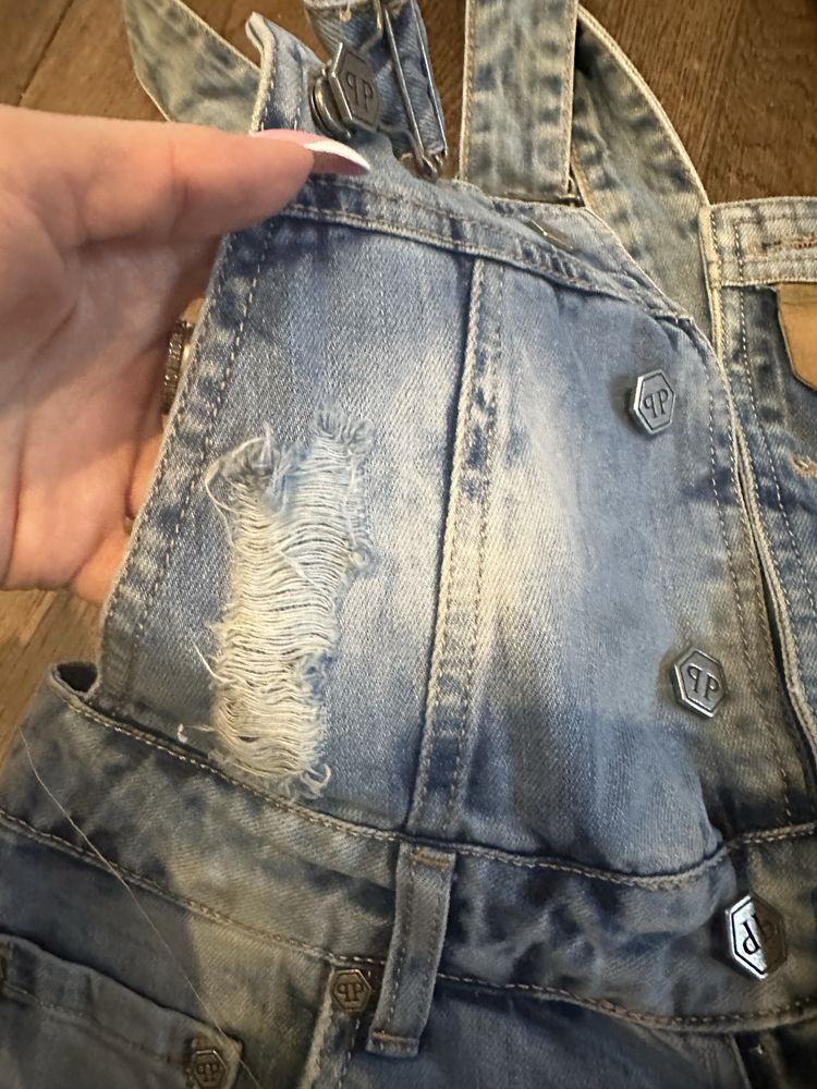 Jeansowe ogrodniczki damskie w stylu vintage Philipp Plein