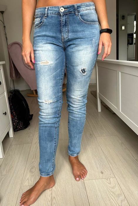 Spodnie jeansy damskie skinny z przetarciami wysoki stan rozm 38 M