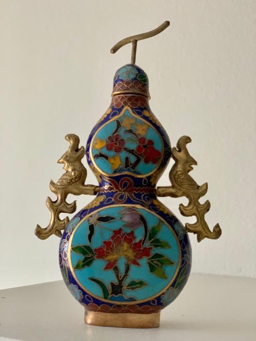 Rara Snuff bottle chinesa em cloisonné com double gourd