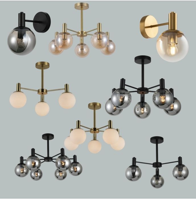 Серія із люстр та бра в чорному та золотому кольорі на 3,5,6 плафонів