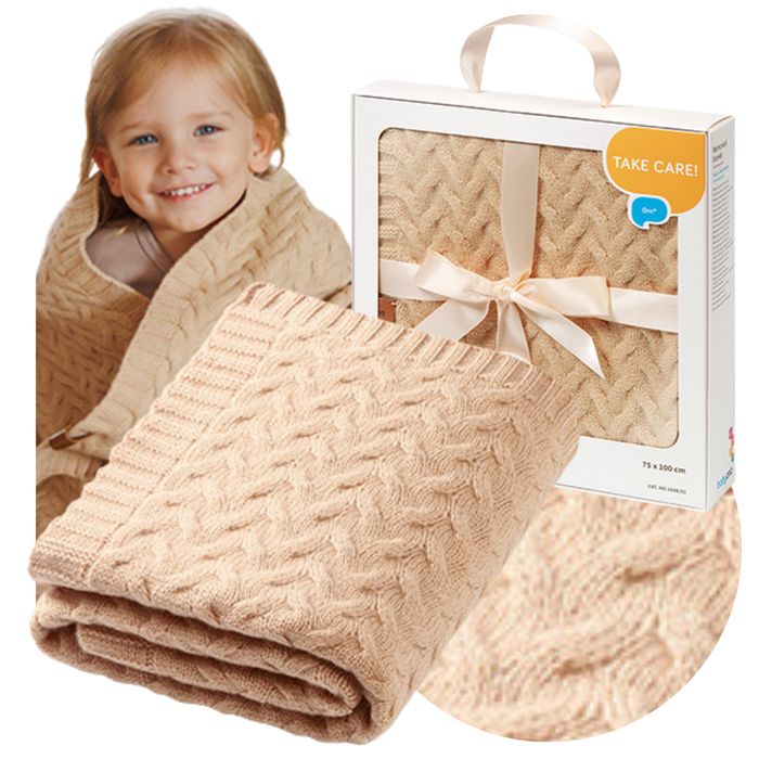 Kocyk z WEŁNY MERINO dla niemowląt 100x75 beżowy NA PREZENT babyshower