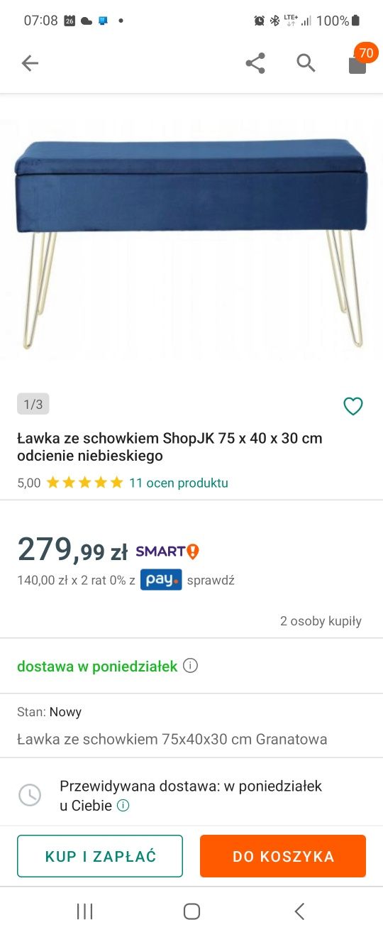 Ławka ze schowkiem ShopJK 75 x 40 x 30 cm odcienie niebieskiego