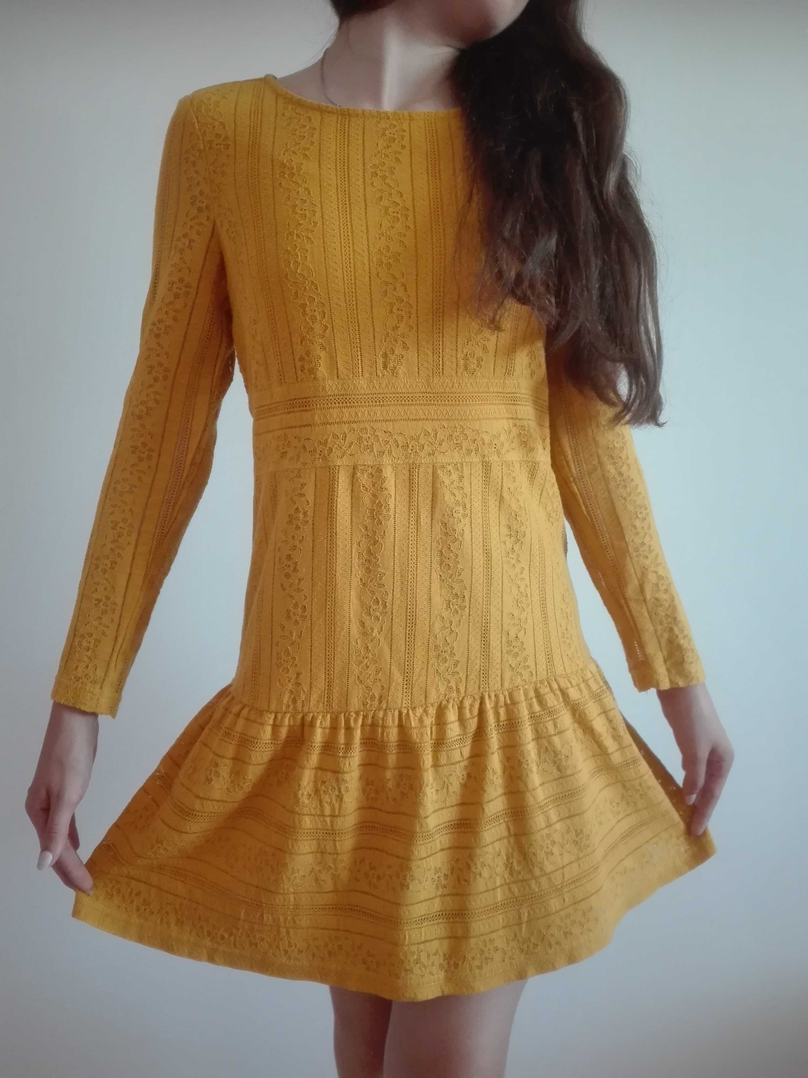 piękna musztardowa sukienka z koronki H&M, 34