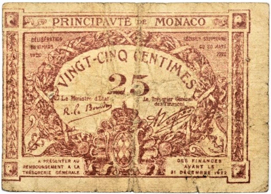 Monako 1920-P1 - 25 centimes-brązowy - BARDZO RZADKI! GRATIS WYSYŁKA!