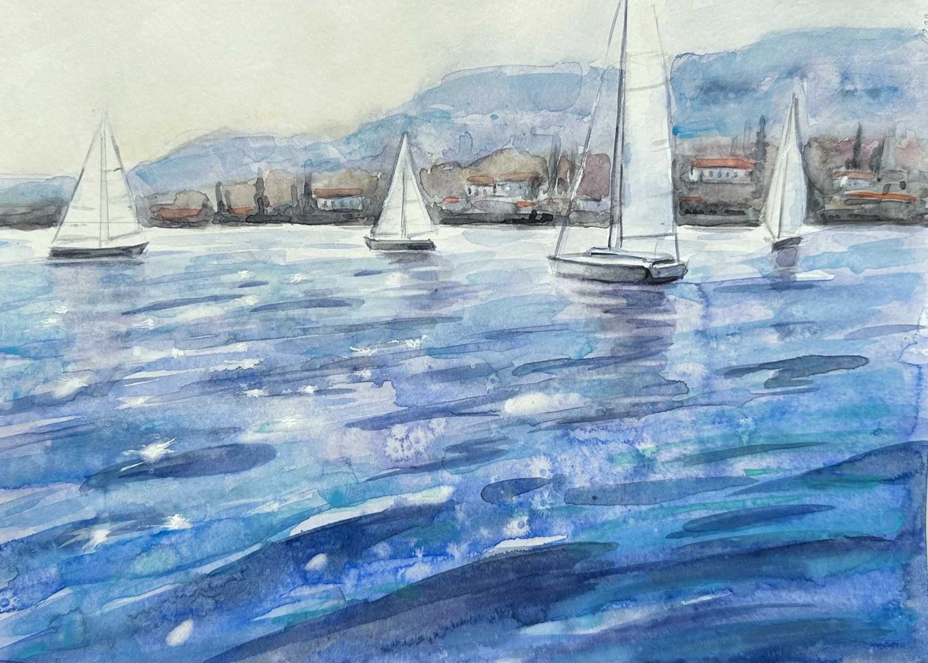 Pintura a aguarela com moldura, barcos/ framed painting, sailboats