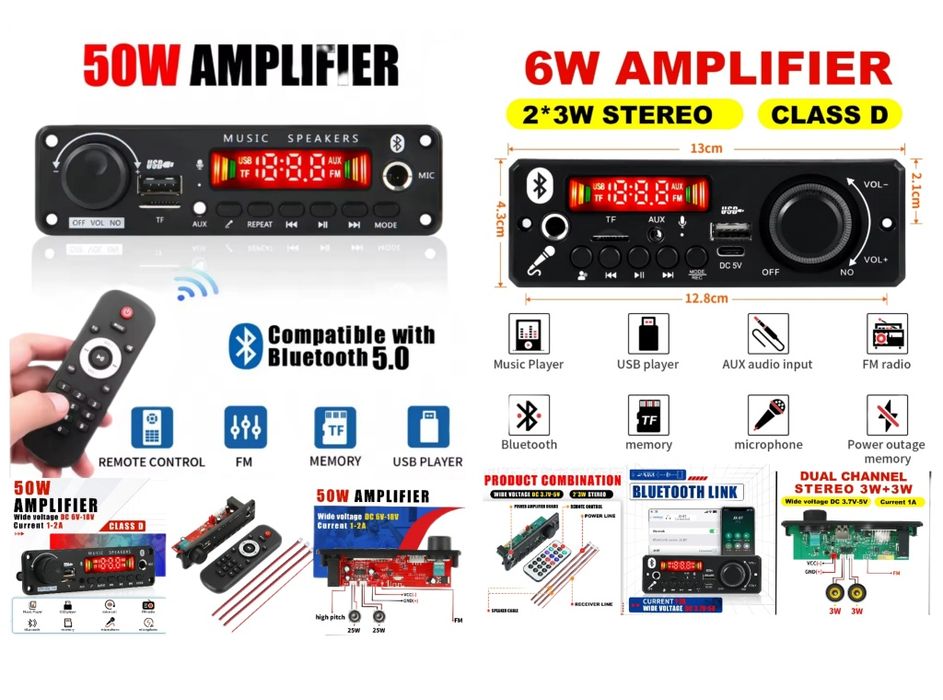 Mp3 модуль з підсилювачем 3w×2.
Bluetooth, Mp3, мікрофон. 
Живлення