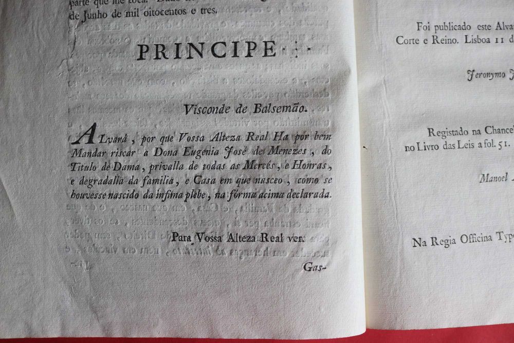 D João Príncipe Regente alvará de banimento de Dama Princesa 1803