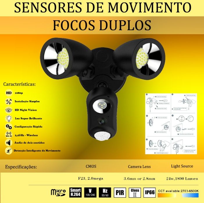 (NOVA) Câmara IP s/Motor c/Sensores (Movimento/Luz) c/ 2 Focos Luz