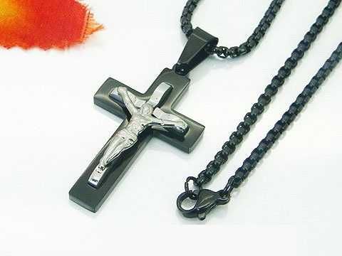 Męski łańcuszek naszyjnik stal chirurgiczna czarny krzyżyk Jezus LM96