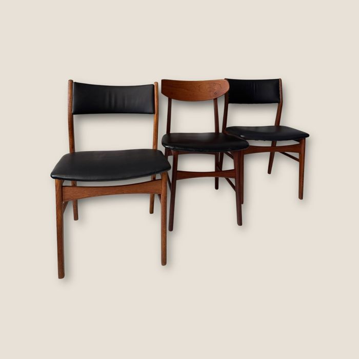 Zestaw 3 różnych, duńskich krzeseł z lat 60. – teak i czarna skóra