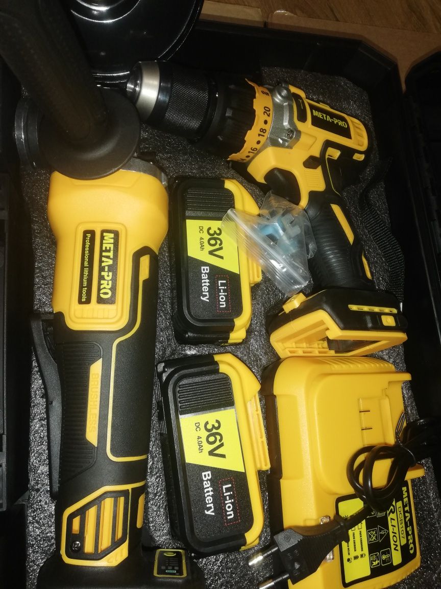 Szlifierka Akumulatorowa Wkrętarka z Udarem Zestaw Meta-Pro 2xAKU 36V