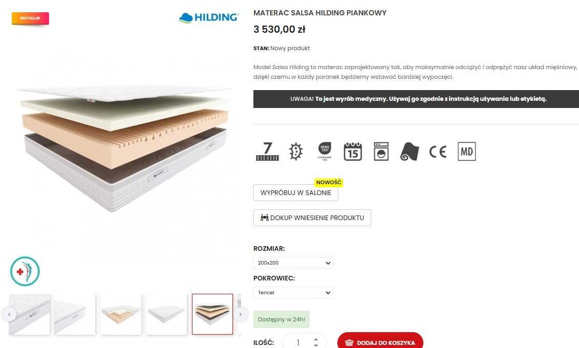 Materac termoplastyczny Hilding Salsa 200 x 200 x 22cm H2, H3