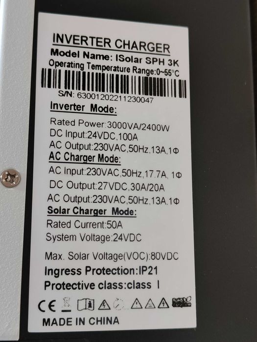 Инвертер гибридный солнечный 24В 3КВт ISolar SPH 3K