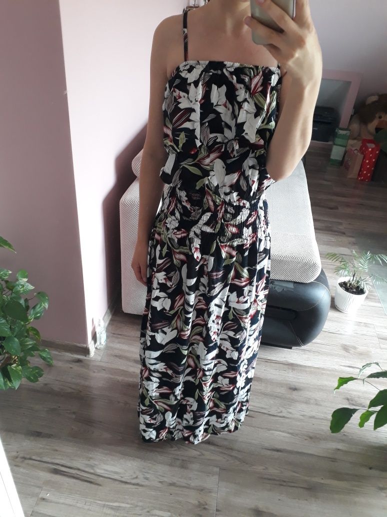 Długa sukienka na ramiączkach w kwiaty z falbaną maxi rozmiar S/M nowa