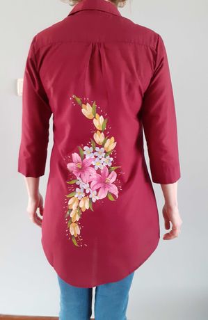 długa koszula damska–36, wzór malowane kwiaty, rękaw ¾, bordowa